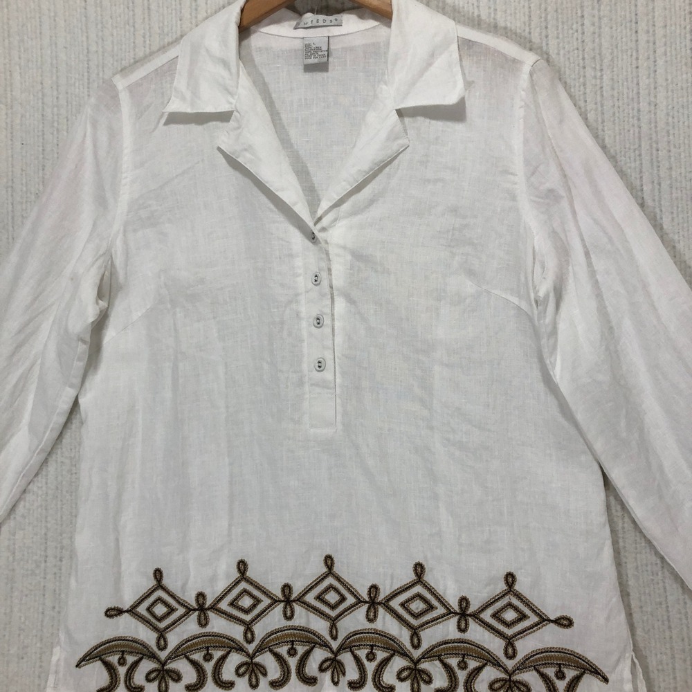 7 Weeds Womens White Linen Blend Embroidered Button Down Shirt Large‎